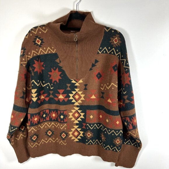 BKE‎ Western Pullover Sweate 3/4 Zip Women’s Size Large Boho Aztec Brown Soft - Picture 3 of 12